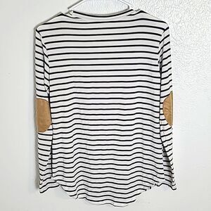 Pullover White Jersey Top with Navy Stripes & Tan Elbow Patches,  Size Small